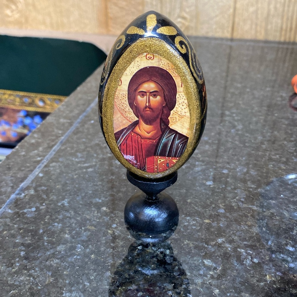 Hand painted w/artist initial gilded Greek orthodox Christ painting on wood egg